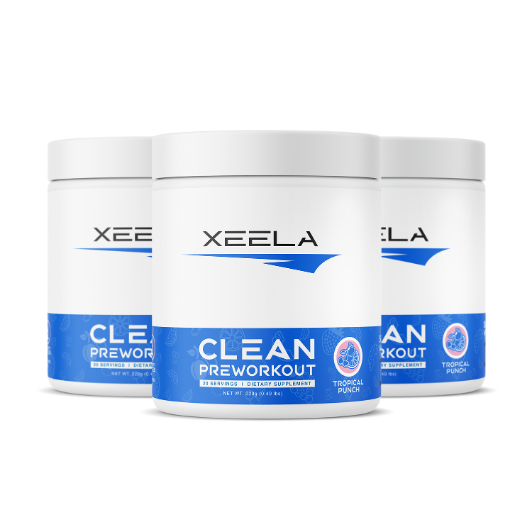 Clean Pre Workout by XEELA®  Mango, Blue Raspberry, & Tropical